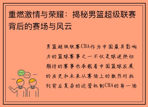 重燃激情与荣耀：揭秘男篮超级联赛背后的赛场与风云