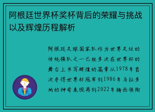 阿根廷世界杯奖杯背后的荣耀与挑战以及辉煌历程解析