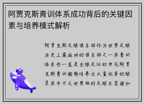 阿贾克斯青训体系成功背后的关键因素与培养模式解析