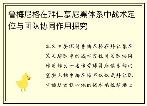 鲁梅尼格在拜仁慕尼黑体系中战术定位与团队协同作用探究